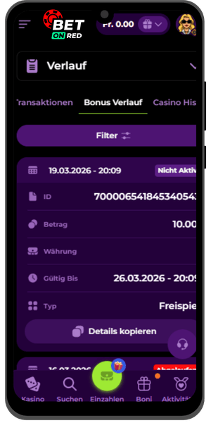 Übersicht über aktive Bonus BetOnRed 
